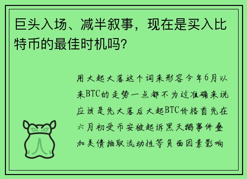 巨头入场、减半叙事，现在是买入比特币的最佳时机吗？ 